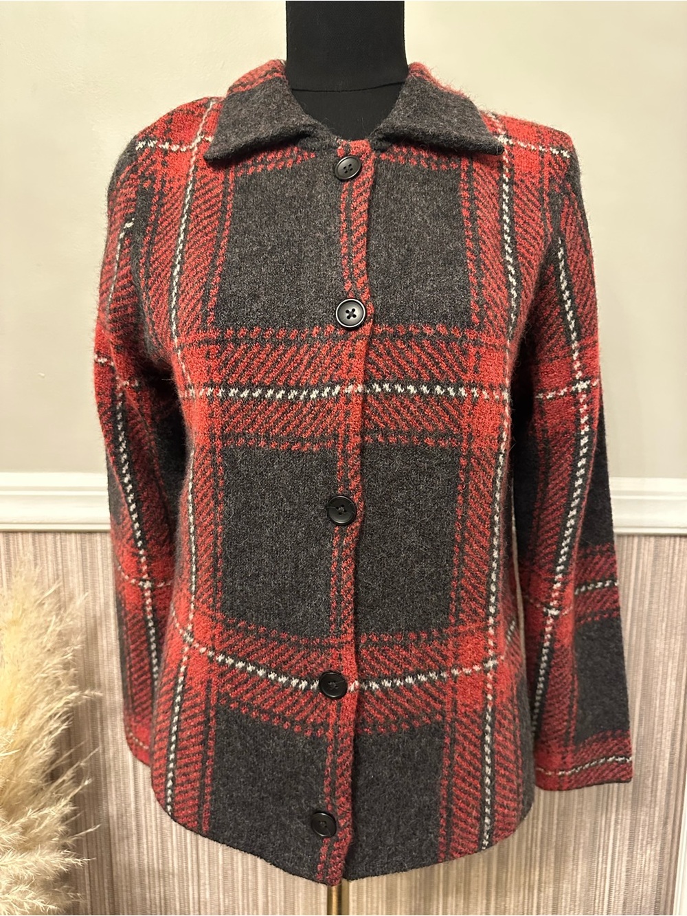 J.Jill XS Wool Blend Red Gray Plaid Button Front Cardigan Jacket
